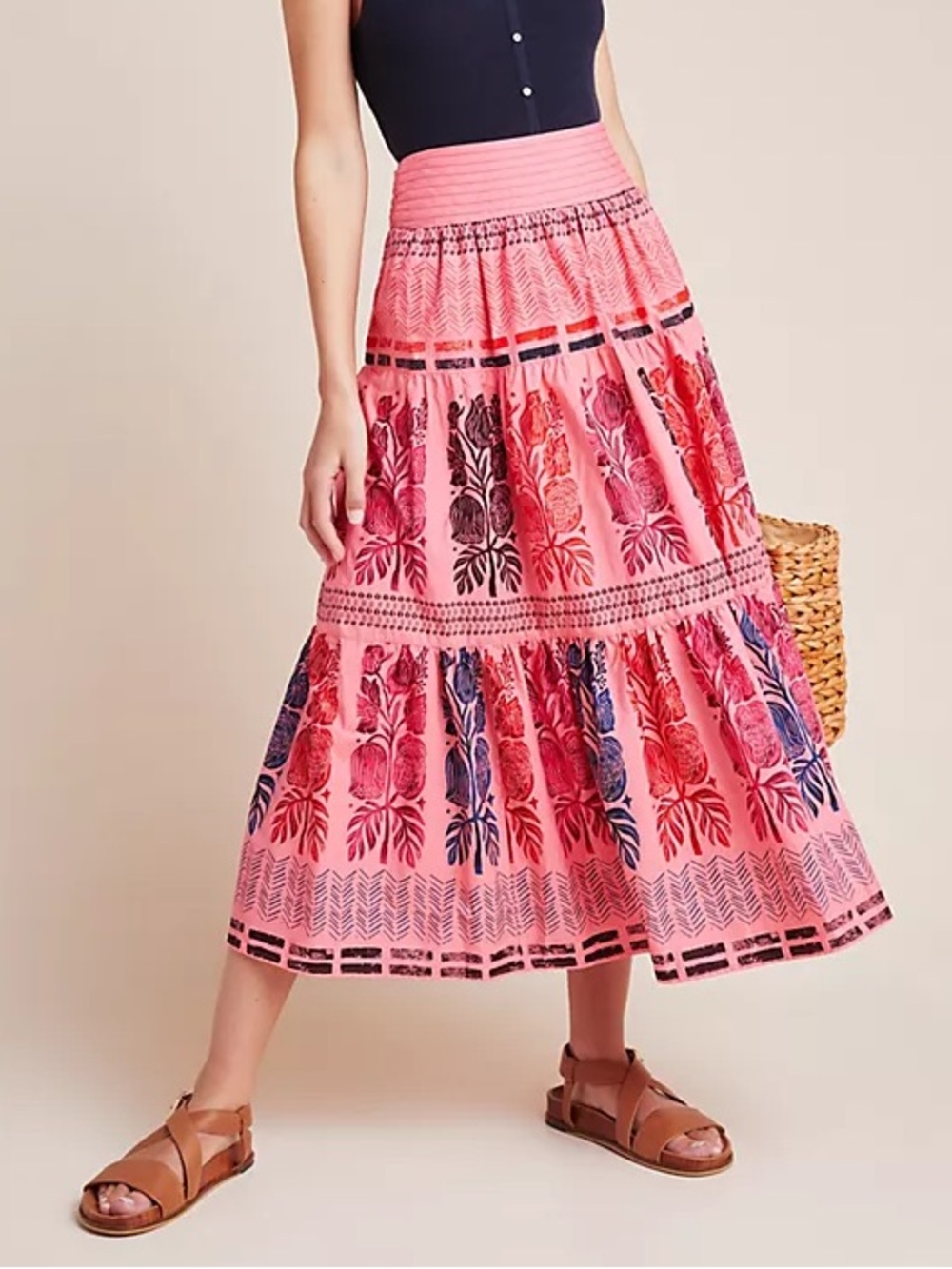 Blooming Print by Anthropologie Auberte Poplin Tiered Midi Skirt